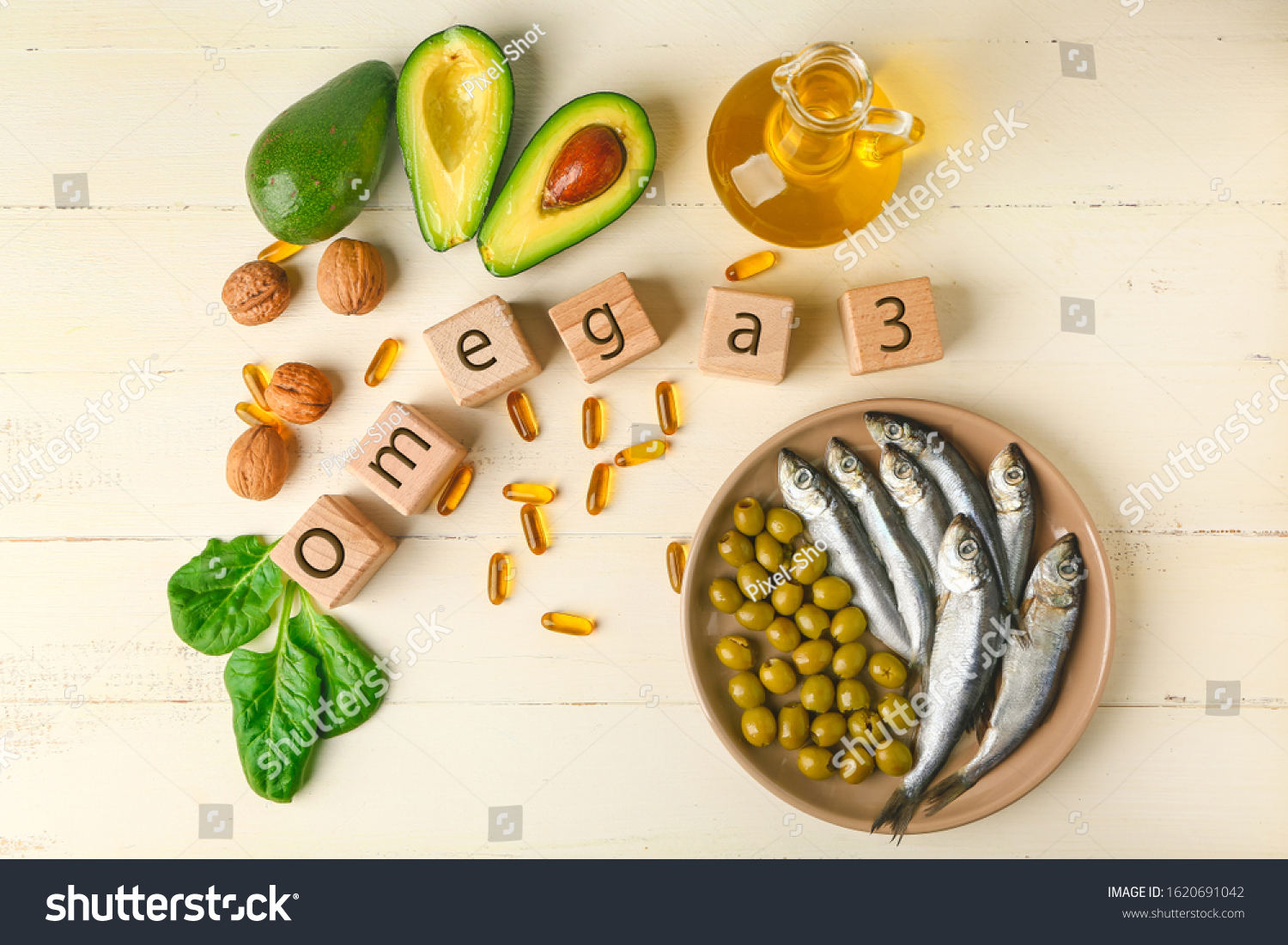 Wooden cubes, healthy products with high omega 3 and fish oil pills on white table #1620691042