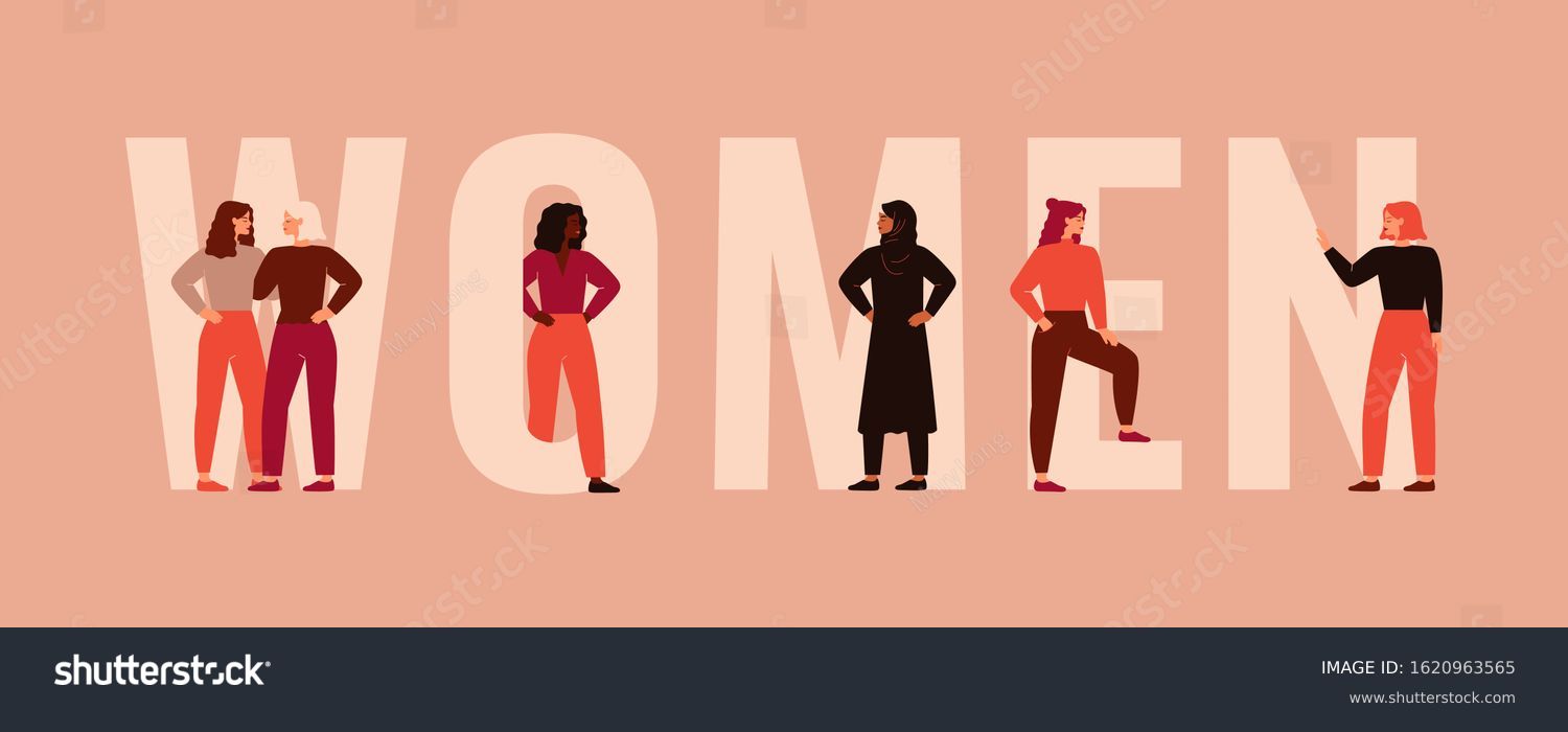 Strong women and girls different nationalities and cultures stand together near the big letters of the word Women. Female friendship, union of feminists or sisterhood. Colorful vector illustration. #1620963565