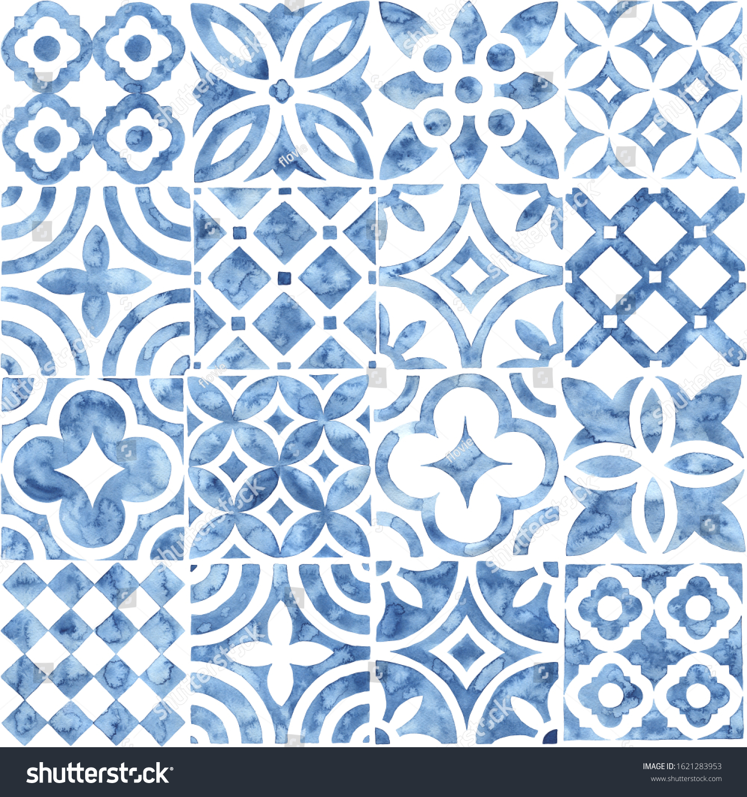 Seamless moroccan pattern. Square vintage tile. Blue and white watercolor ornament painted with paint on paper. Handmade. Print for textiles. Seth grunge texture. #1621283953