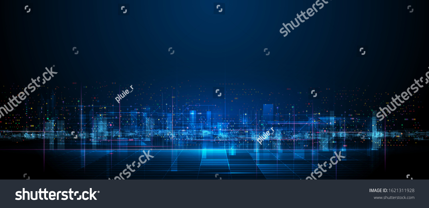 Vector illustration urban architecture, cityscape with space and neon light effect. Modern hi-tech, science, futuristic technology concept. Abstract digital high tech city design for banner background #1621311928