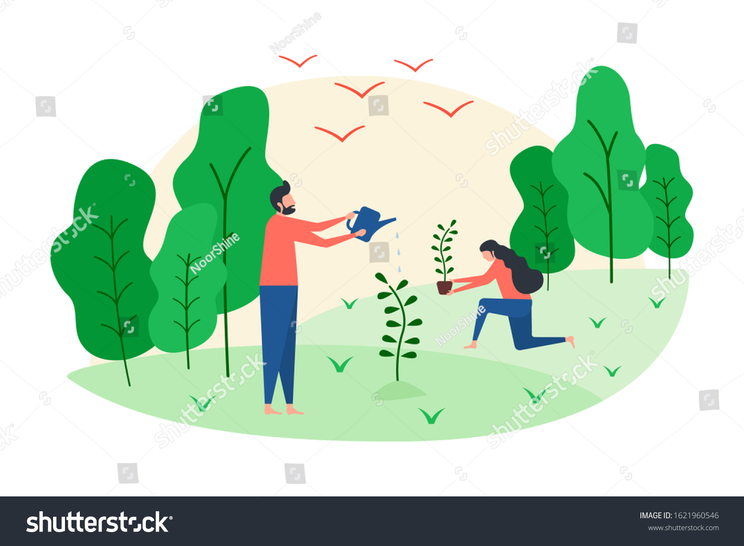 illustration of a person watering trees and - Royalty Free Stock Vector ...