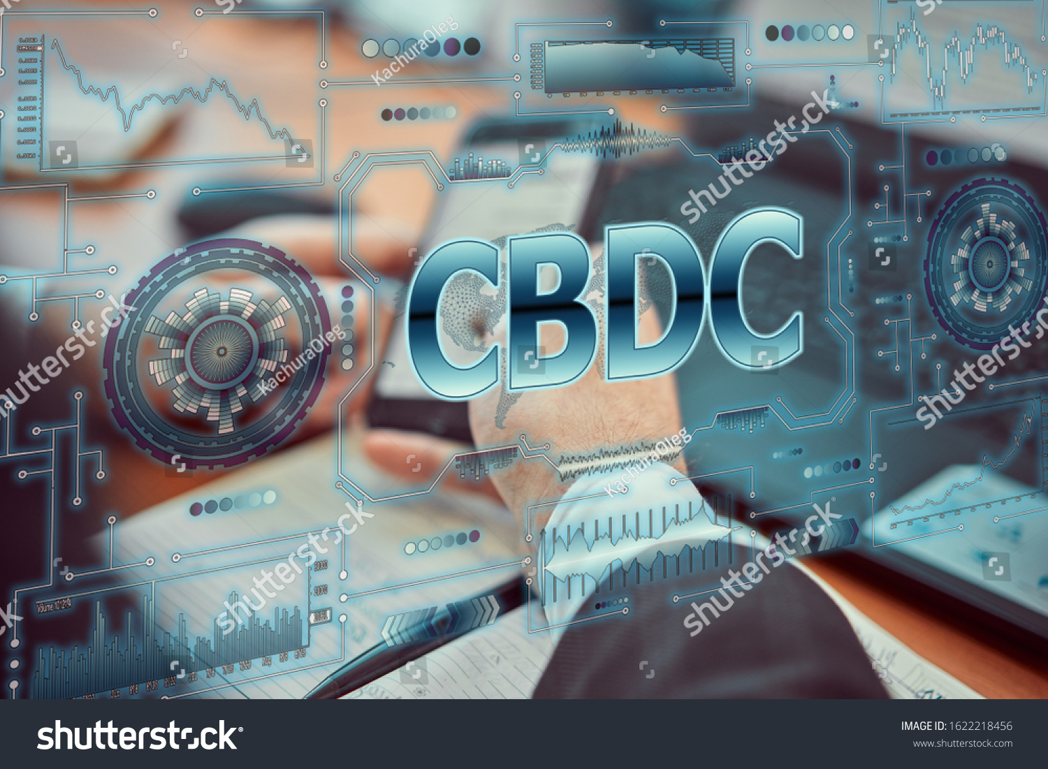 A young businessman uses a futuristic smartphone with the latest holographic technology of augmented reality with the inscription "CBDC". Central bank digital currency concept #1622218456
