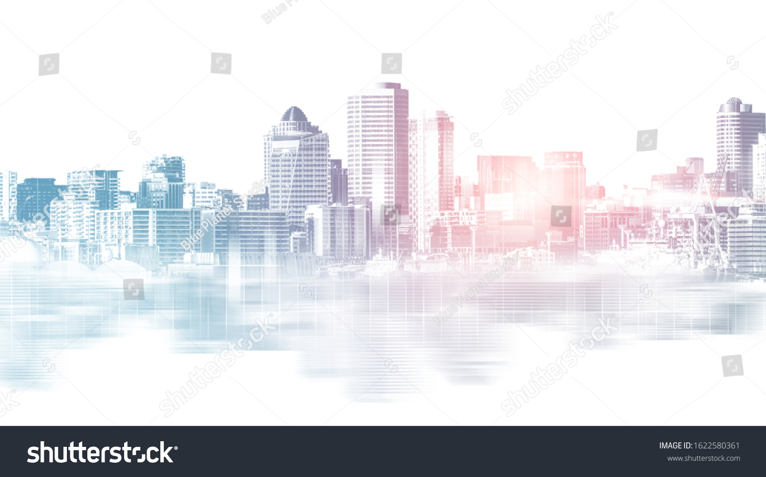 Abstract city building skyline metropolitan area in contemporary color style and futuristic effects. Real estate and property development. Innovative architecture and engineering concept. #1622580361