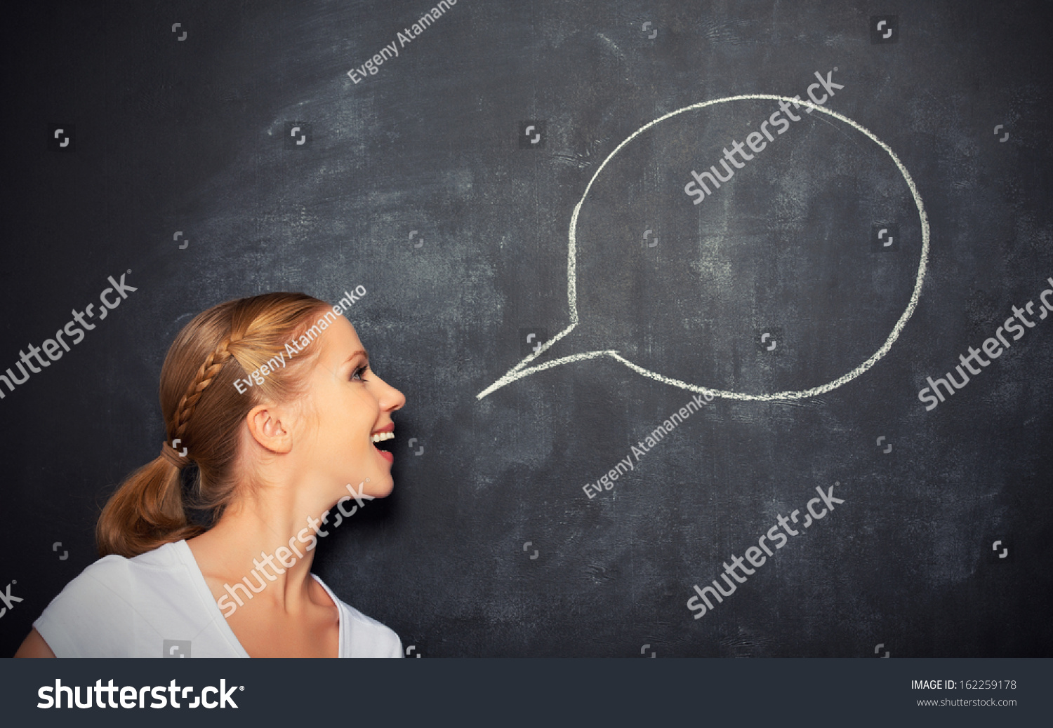 Concept woman said at a blank blackboard with chalk painted icon #162259178