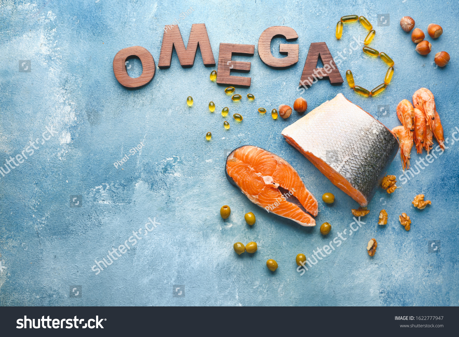Set of healthy products with high omega 3 and fish oil pills on color background #1622777947