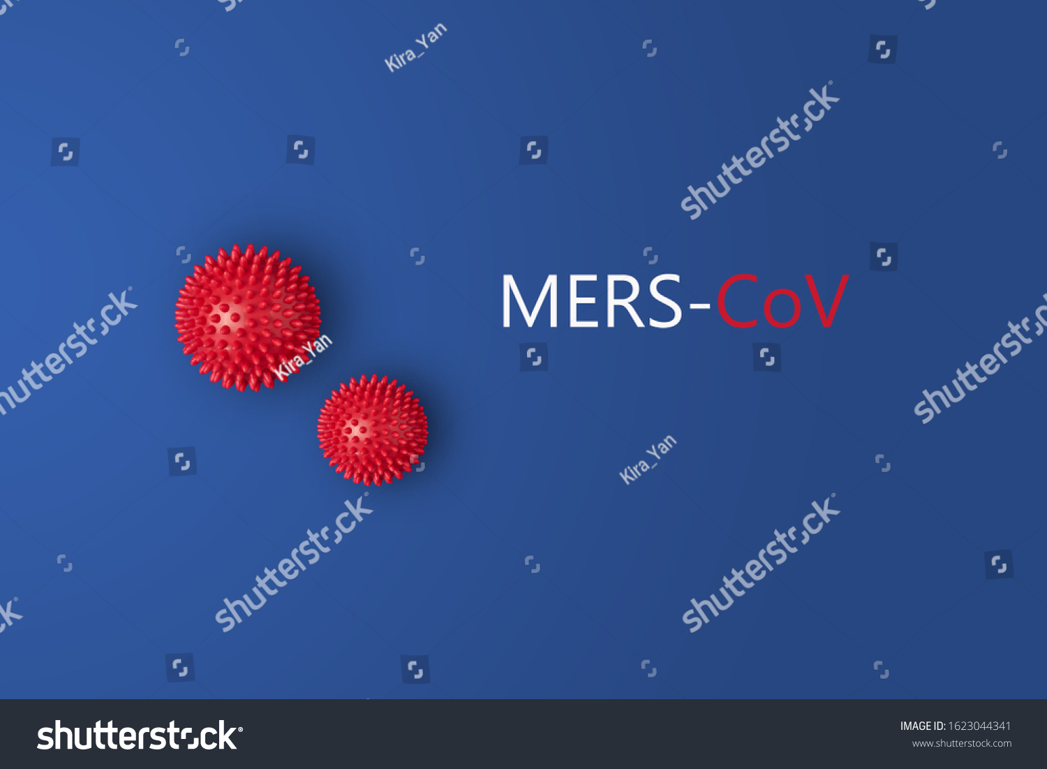 Abstarct virus strain model of MERS-Cov or middle East respiratory syndrome coronavirus and Novel coronavirus 2019-nCoV with text on blue background. Virus Pandemic Protection Concept #1623044341