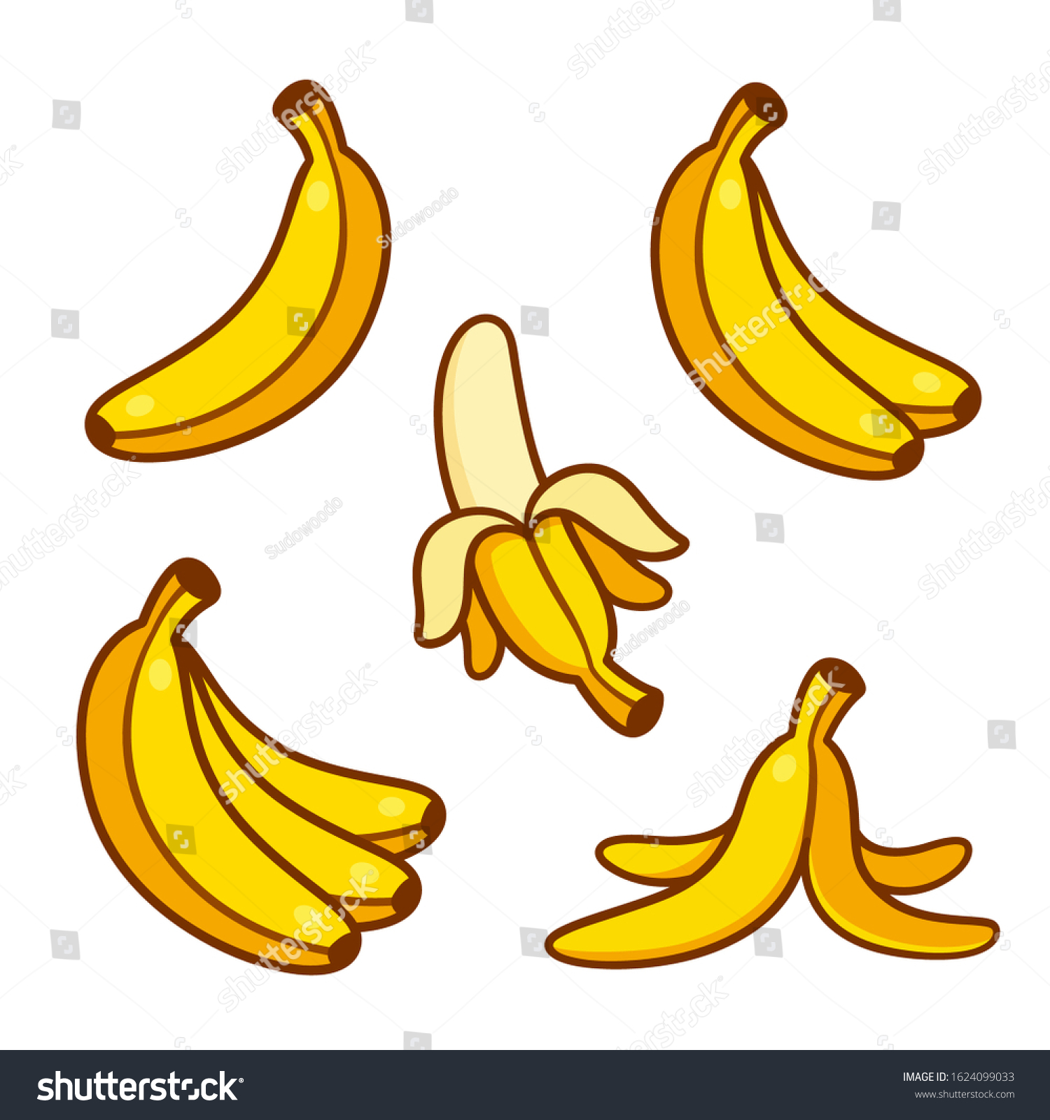 Set of cartoon banana drawings: single and bunch, peeled banana and empty peel on the ground. Vector clip art illustration collection. #1624099033