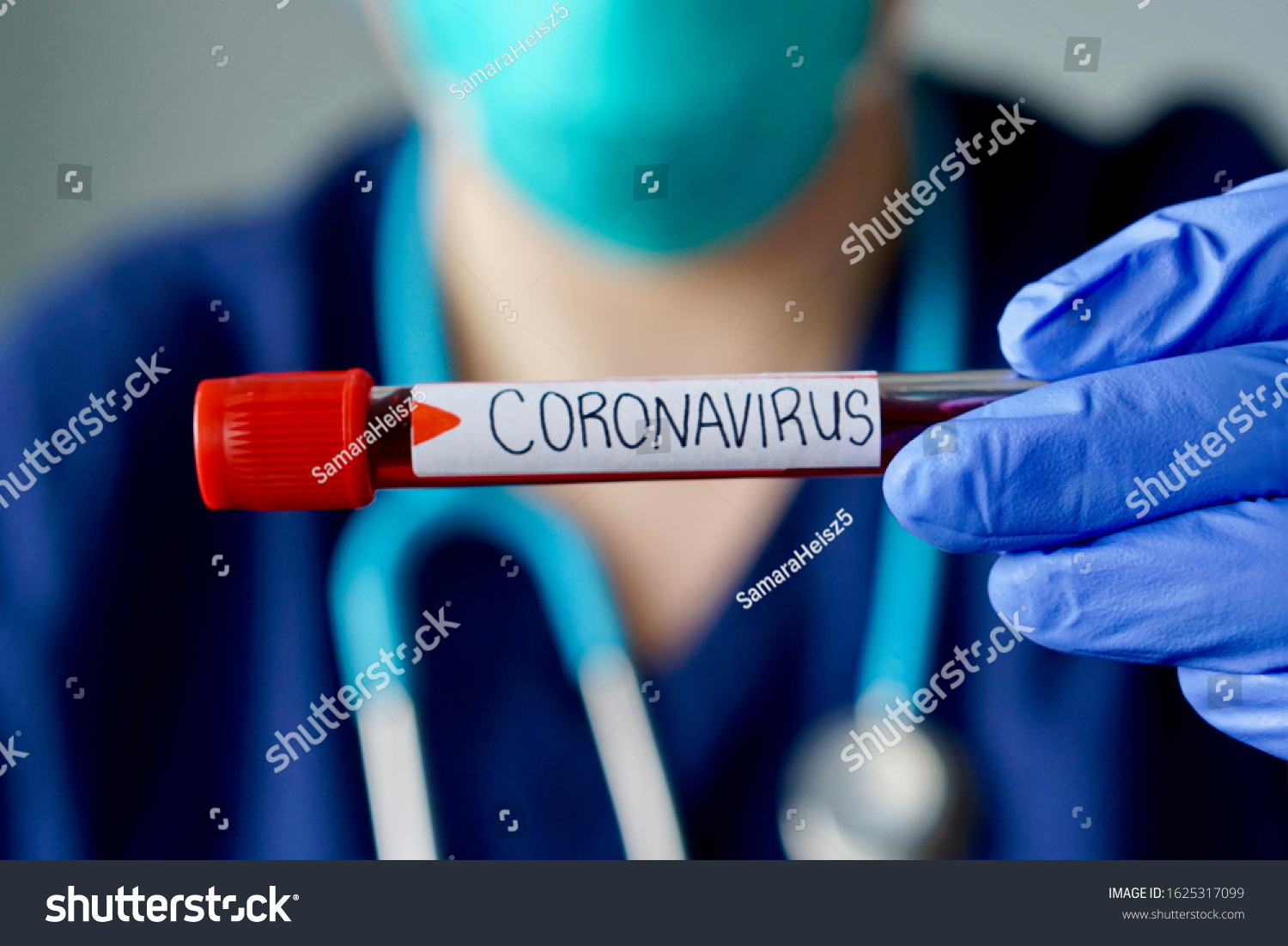 Nurse wearing respirator mask holding a positive blood test result for the new rapidly spreading Coronavirus, originating in Wuhan, China #1625317099