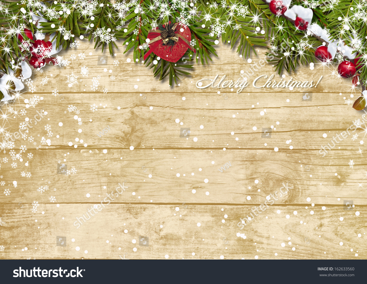 Christmas fir tree with snowfall on a wooden board  #162633560