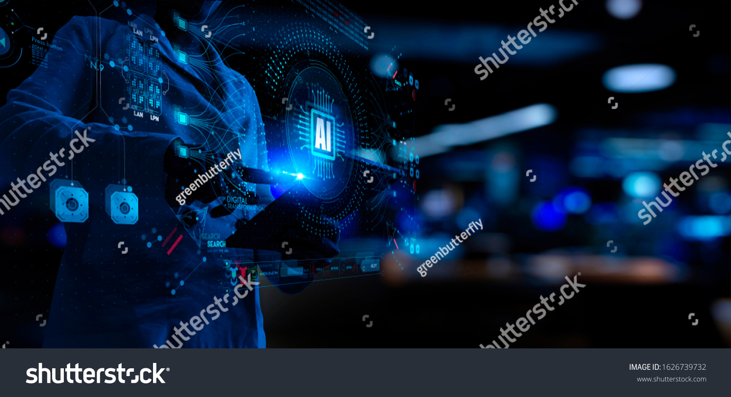 Artificial intelligence (AI) with machine deep learning and data mining and another modern computer technologies UI by woman hand touching CPU icon. #1626739732