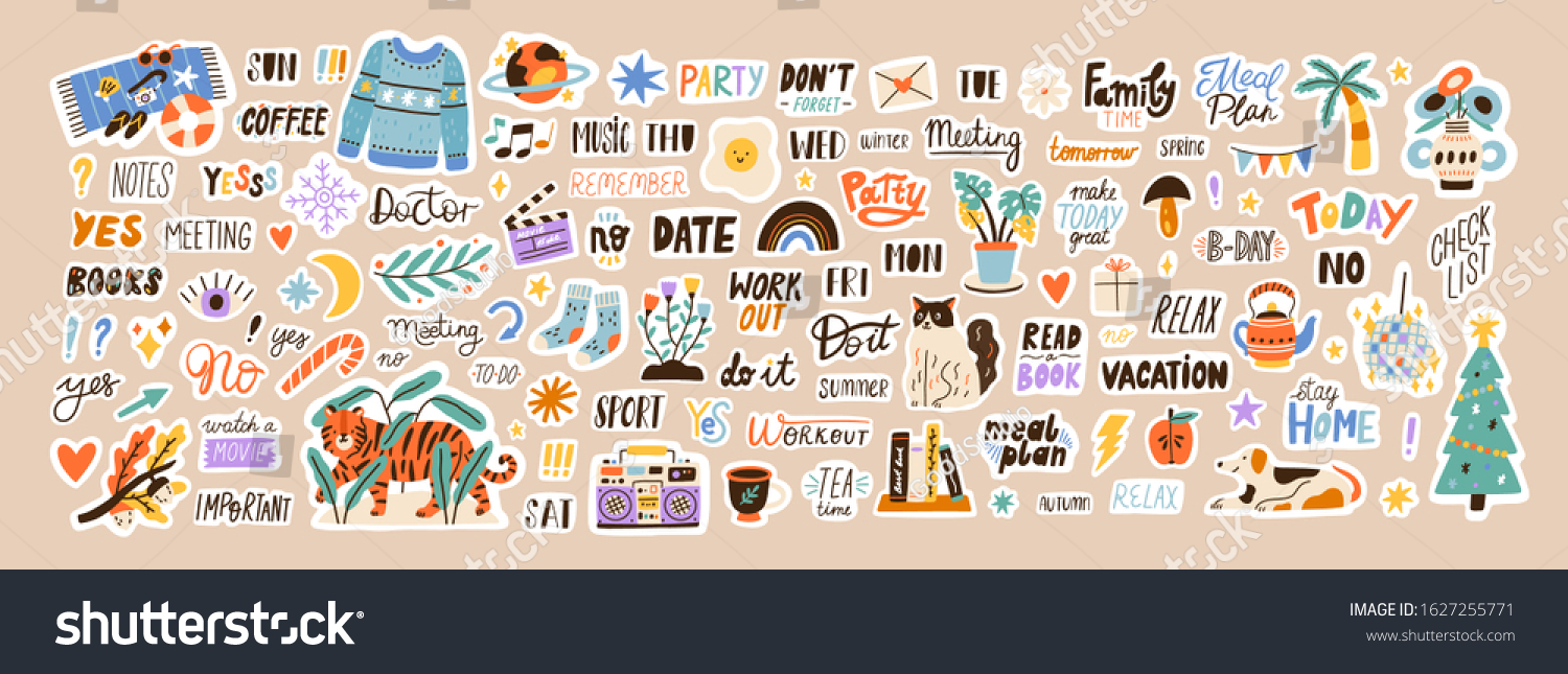 Set of weekly or daily planner and diaries vector flat illustration. Cute sticker template decorated with cartoon image and trendy lettering. Signs, symbols, objects for scheduler or organizer #1627255771