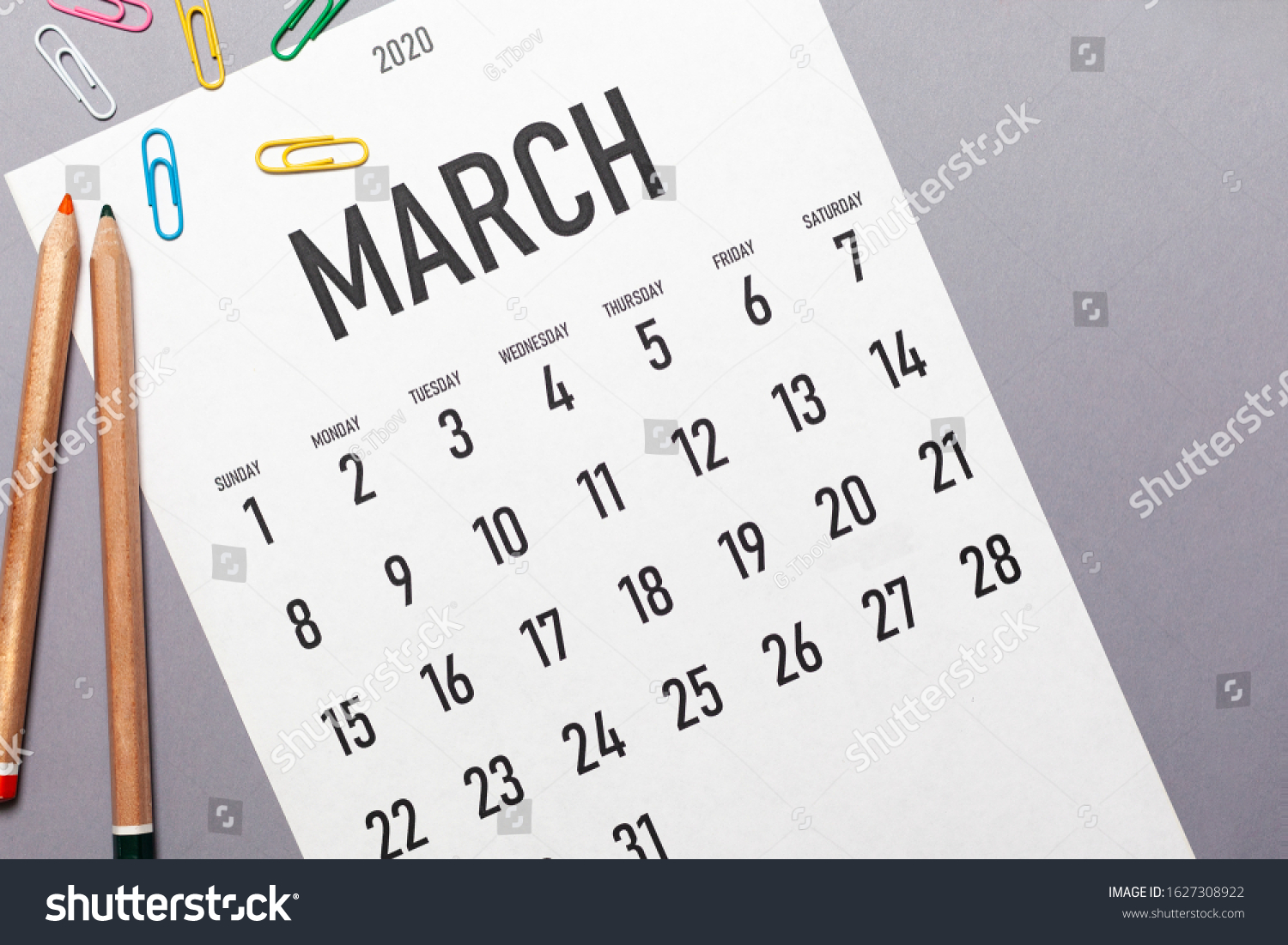 March 2020 2020 simple calendar with office supplies and copy space #1627308922