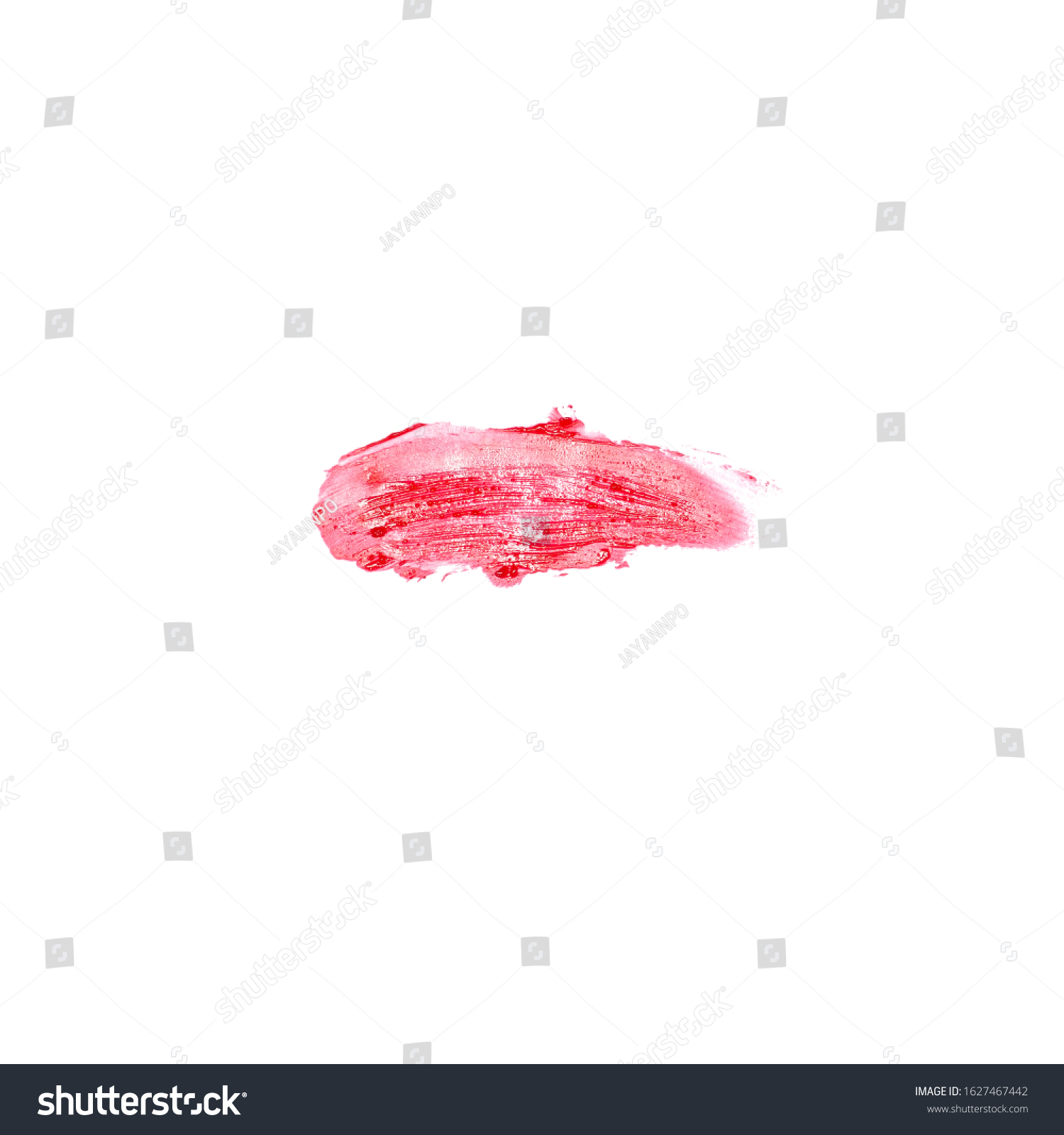 Red liquid lipstick smeared swatch. Lip polish gloss smudge sample #1627467442