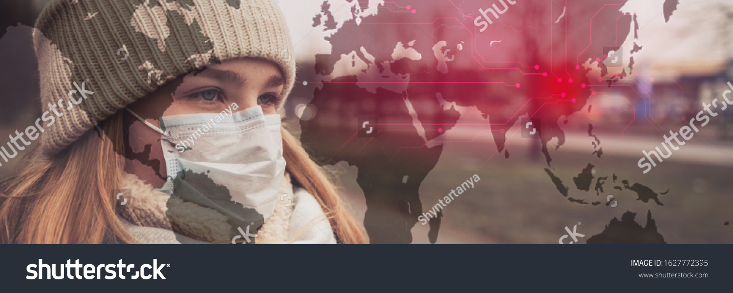 MERS-CoV Chinese infection Corona Virus masked girl on the background of the city in smog, the concept of the epidemic of the virus in China #1627772395