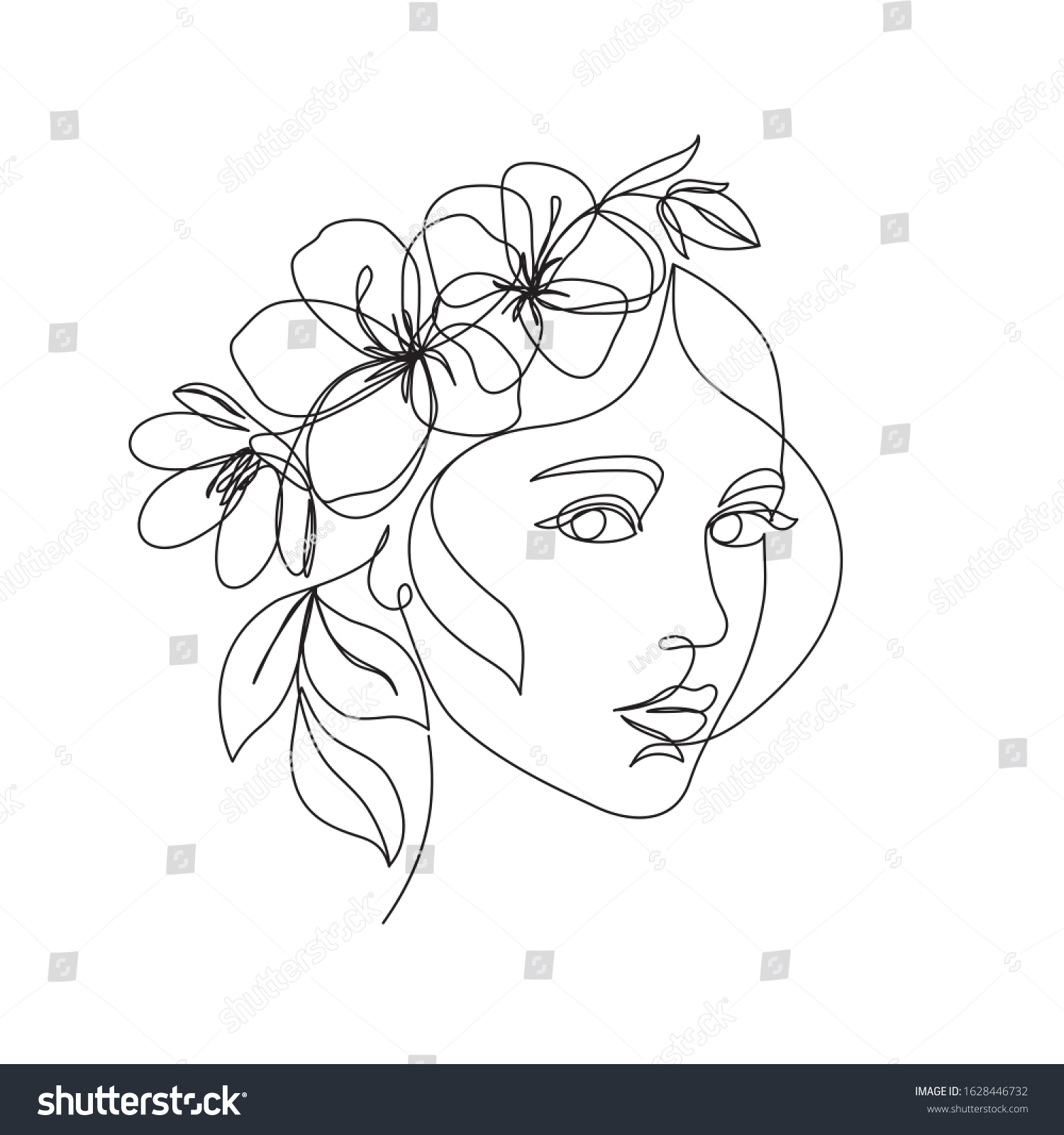 Woman Face With Flowers One Line Drawing Royalty Free Stock Vector 1628446732 8512