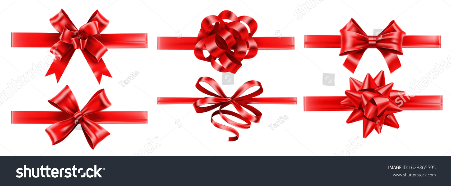 Realistic red ribbons with bows. Festive wrapping bow, gift decoration and presents ribbon vector set. Bundle of elegant shiny satin tapes. Set of glossy textile strips isolated on white background. #1628865595