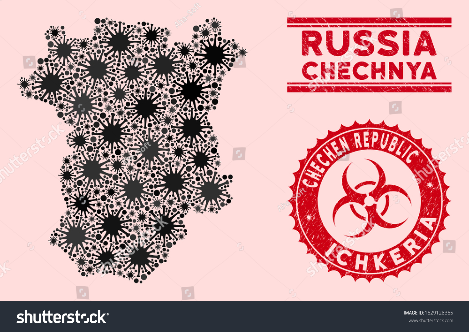 Coronavirus mosaic Chechnya map and red distressed stamp seals with biohazard sign. Chechnya map collage constructed with scattered bacillus icons. Red rounded outbreak danger watermark, #1629128365