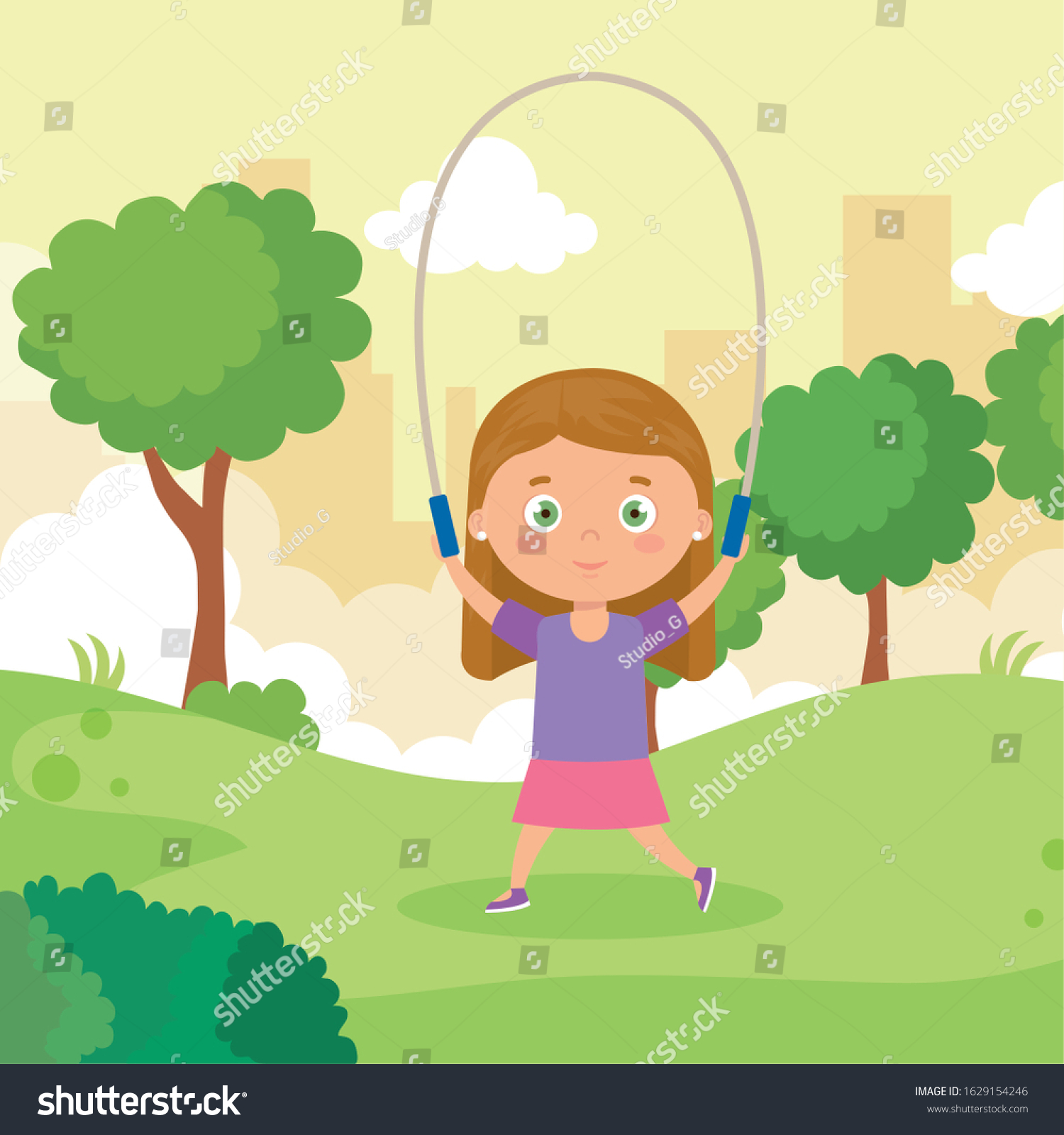 cute little girl jumping rope in park landscape - Royalty Free Stock ...