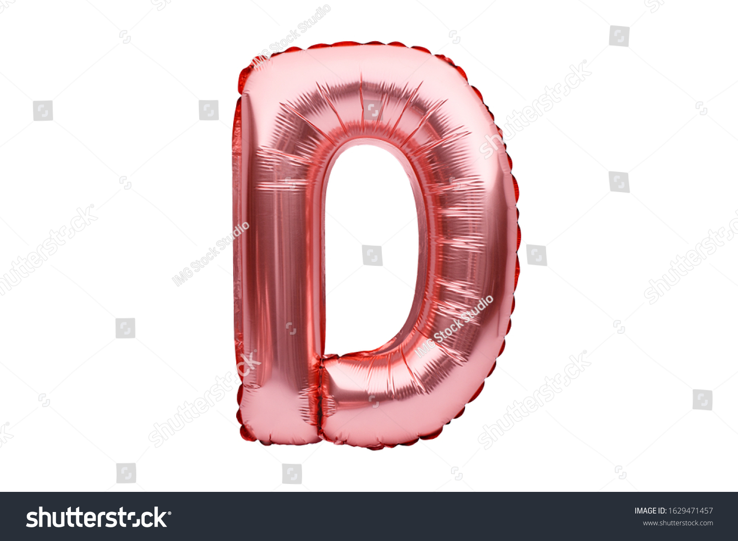 Letter D made of rose golden inflatable helium balloon isolated on white. Gold pink foil balloon font part of full alphabet set of upper case letters. #1629471457