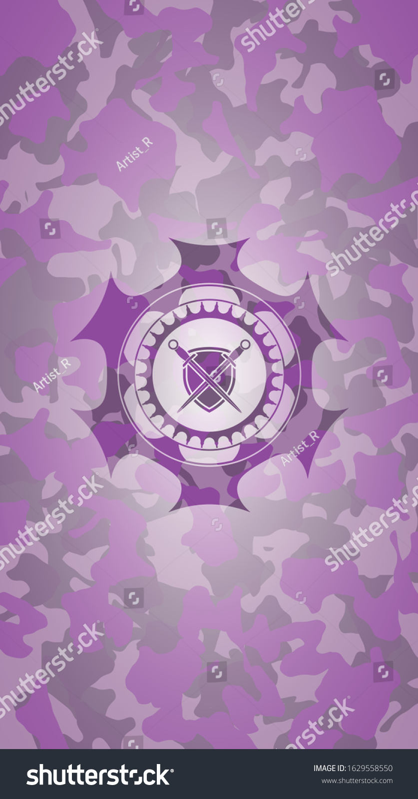 swords crossed with shield icon inside pink and purple camo texture #1629558550
