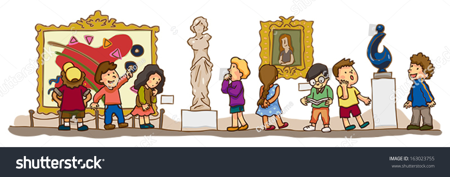 Kindergarten children from school are having an educational study field trip at the art gallery museum with abstract paintings and statue, create by cartoon vector #163023755