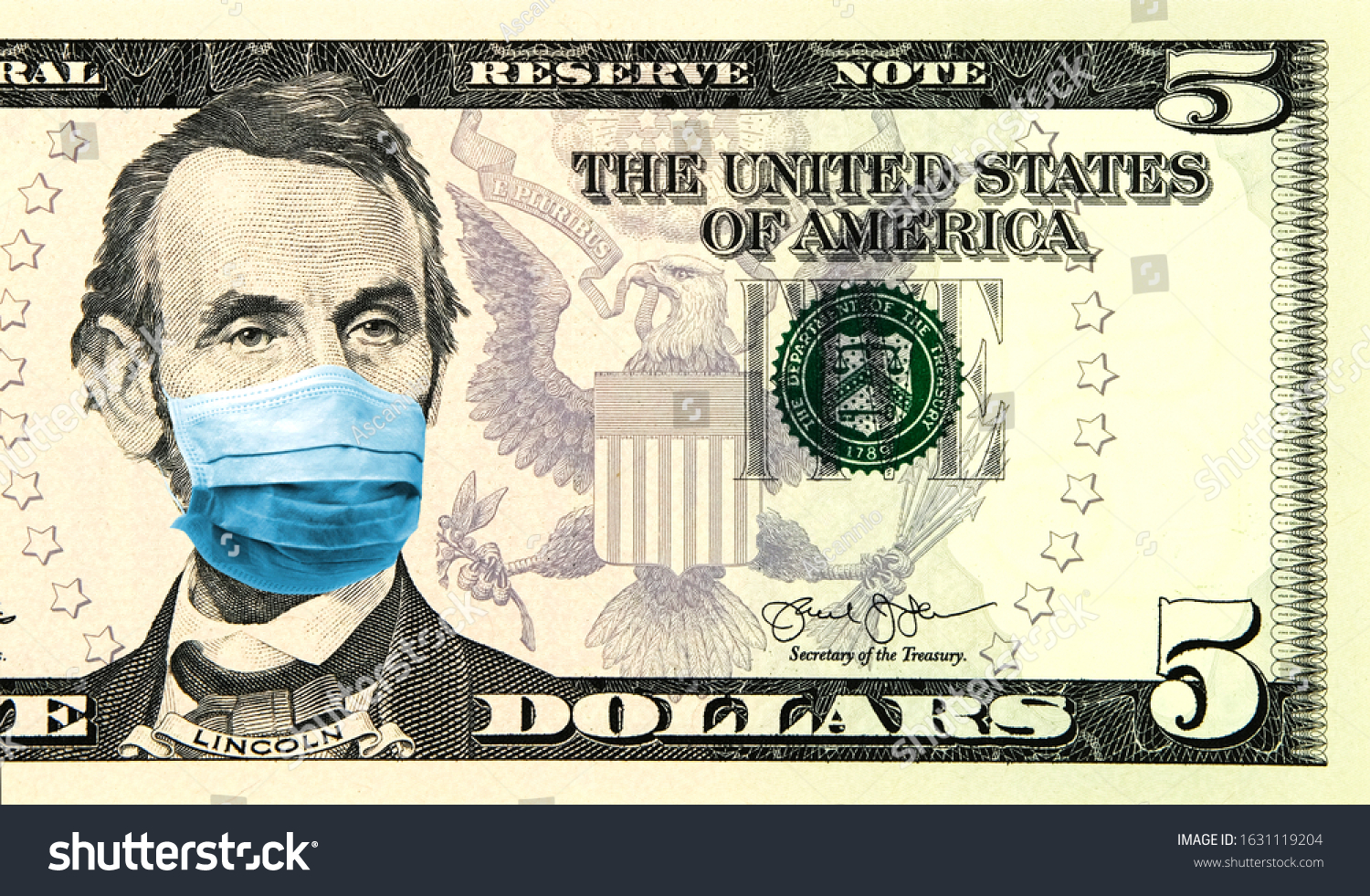 Omicron COVID Coronavirus vs Finance. Quarantine and global recession. 5 American dollar banknote with a face mask against infection. Global economy hit by corona virus pandemic. Montage. Concept #1631119204