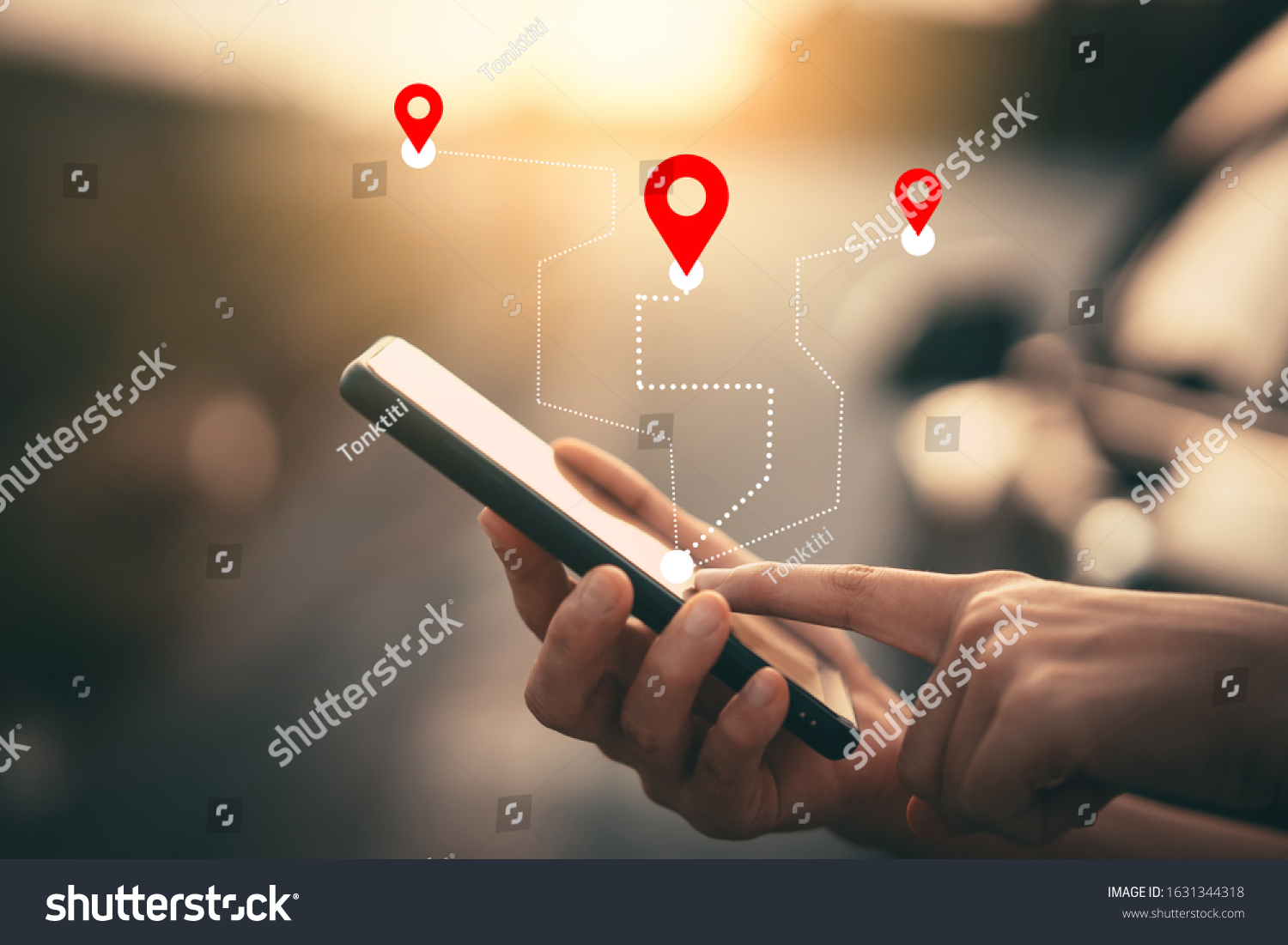 Woman hand using smartphone with gps navigator map icon on blur street background. Technology lifestyle and business travel concept. Vintage filter effect color style. #1631344318