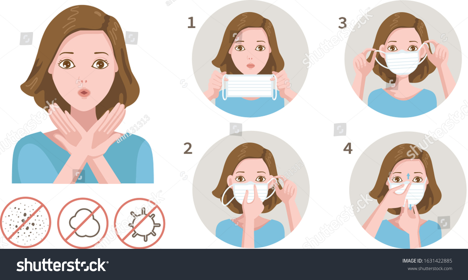 woman gag with worry gesture. Healthy of female wear protective mask against infectious diseases and flu. Stop the infection. Health care concept. Vector illustration isolated on white. #1631422885