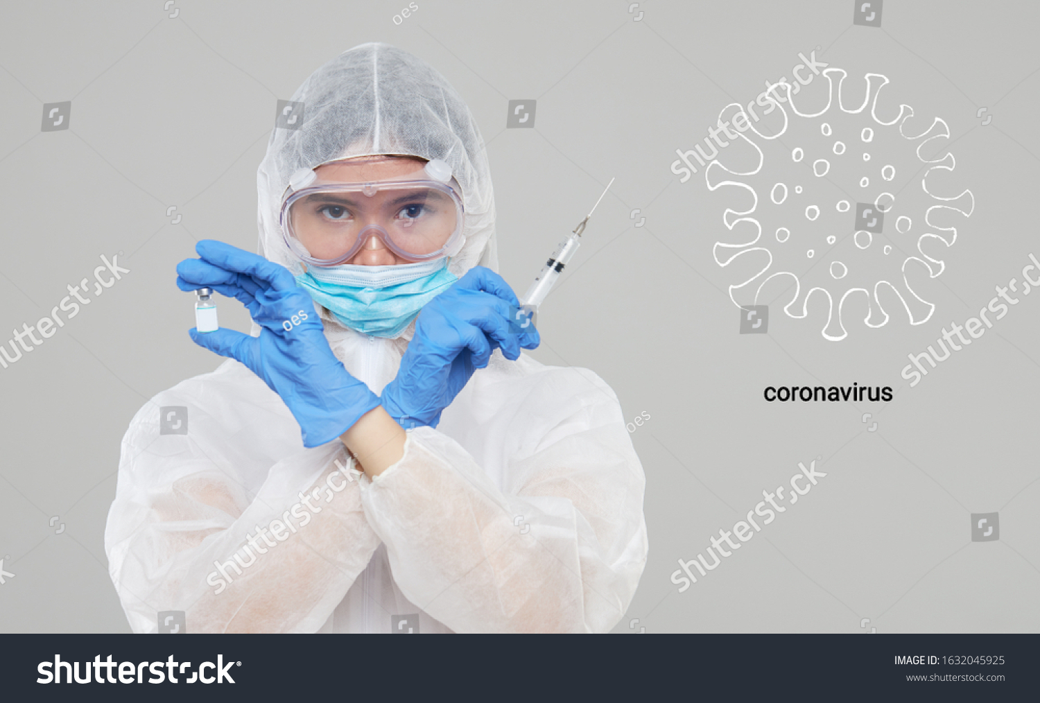 Biological hazard. Epidemic of the Chinese coronavirus. An asian woman in a protective suit and mask holds an injection syringe and vaccine. Vaccine from, flu, coronavirus, ebola, TB.  #1632045925