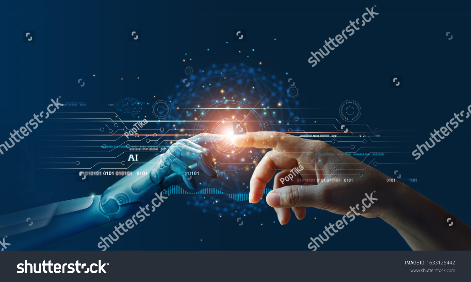 AI, Machine learning, Hands of robot and human touching on big data network connection background, Science and artificial intelligence technology, innovation and futuristic.
 #1633125442