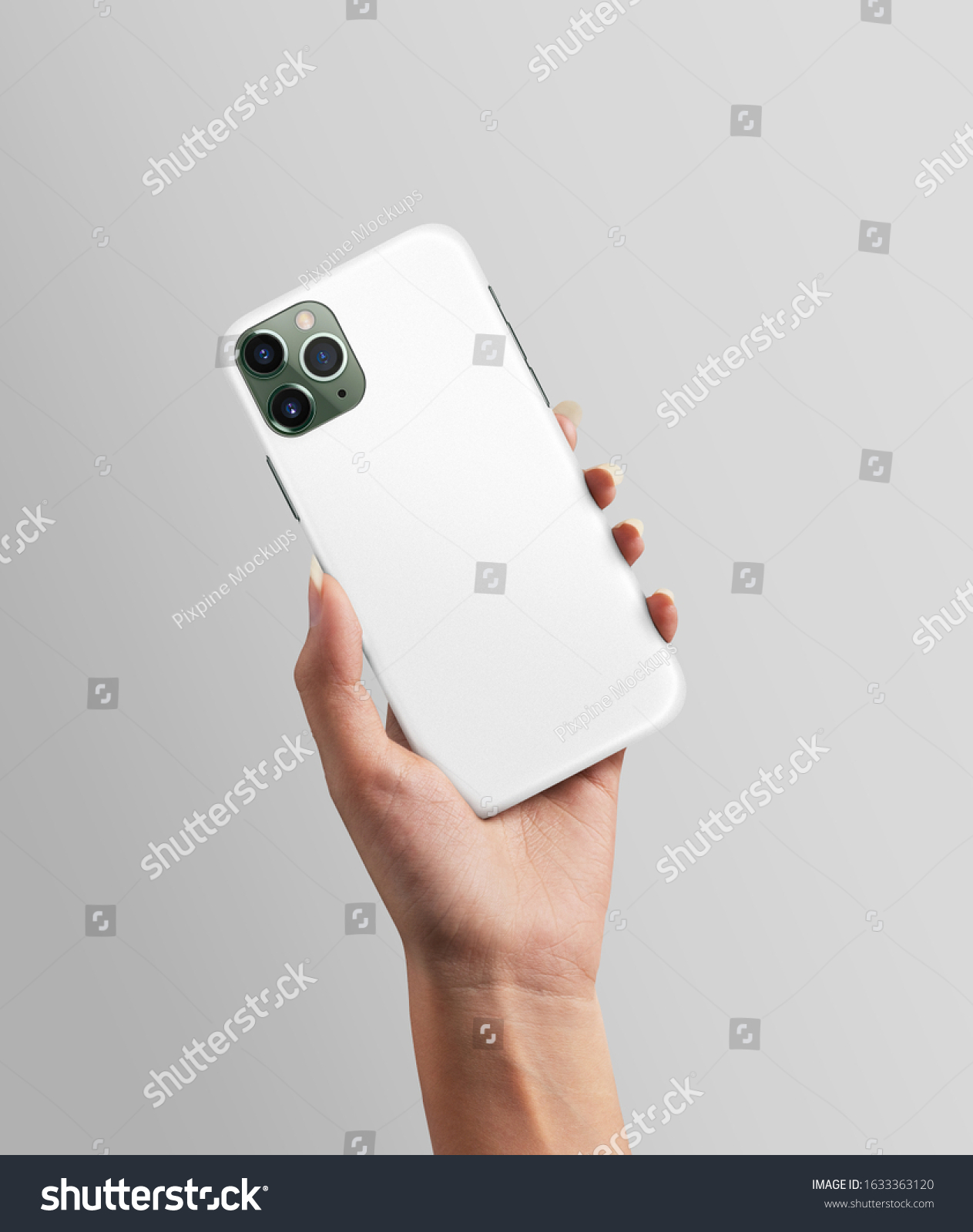 Woman hand holding Phone with plastic case mockup #1633363120