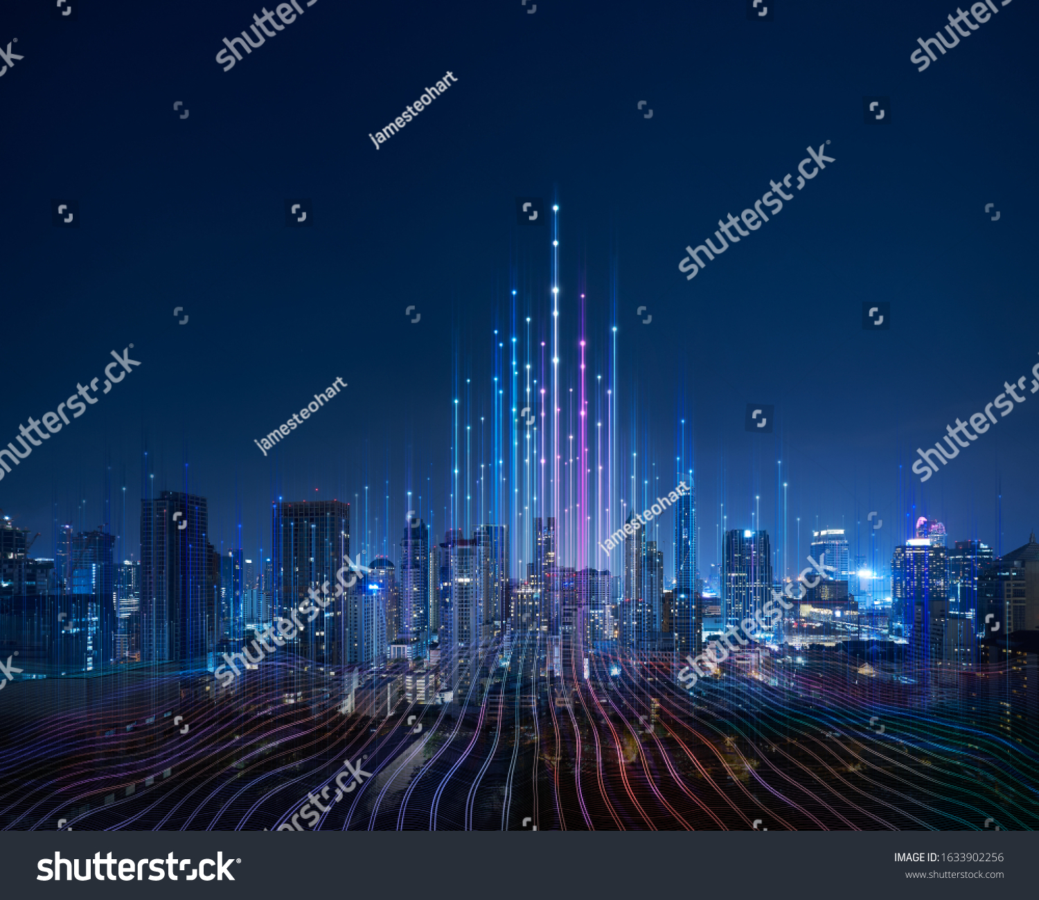 Smart city and abstract dot point connect with gradient line and aesthetic Intricate wave line design , big data connection technology concept . #1633902256