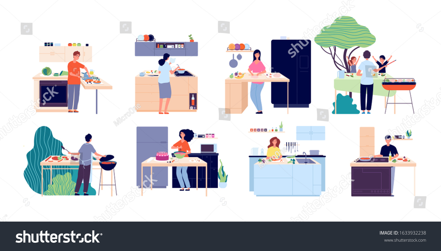People cooking. Woman preparing salad, kitchen and outdoor eating. Men women dining, eat food and bake. Happy culinary vector illustration #1633932238