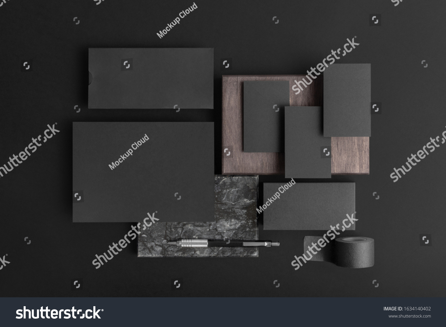Real photo, black stationery branding mockup template, on black background to place your design. #1634140402