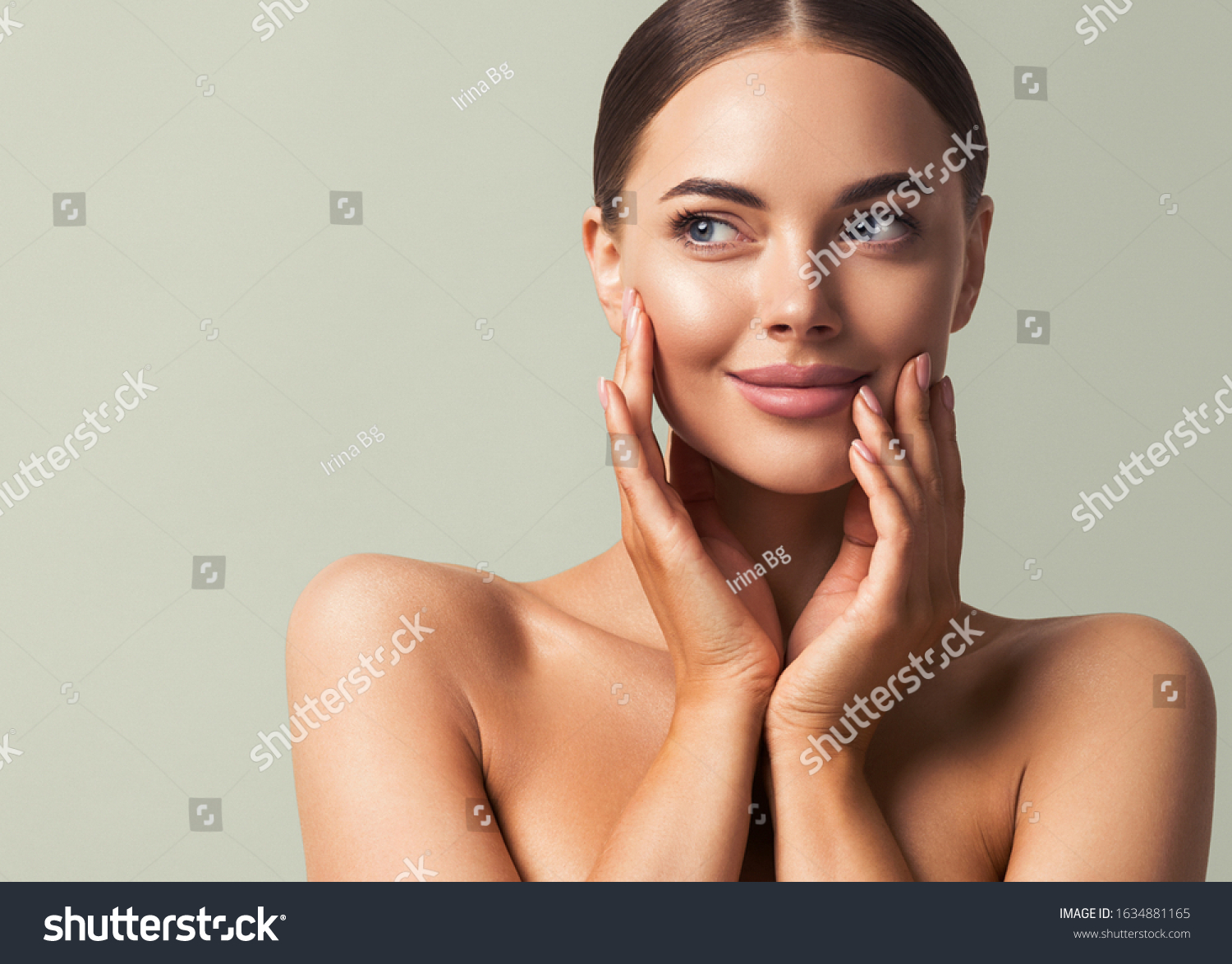Skin tone woman face healthy skin beauty eyes lips close up hand manicure nails #1634881165