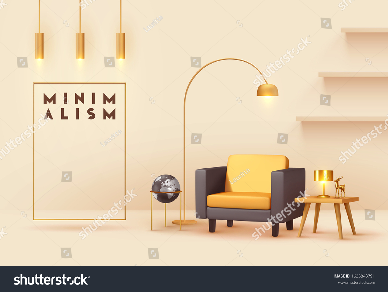 Interior design living room. Realistic wooden square table with gold lamp. Armchair yellow and black fabric. Hanging Golden Lamps. shelf on wall. Minimal composition 3d rendering. Vector illustration. #1635848791
