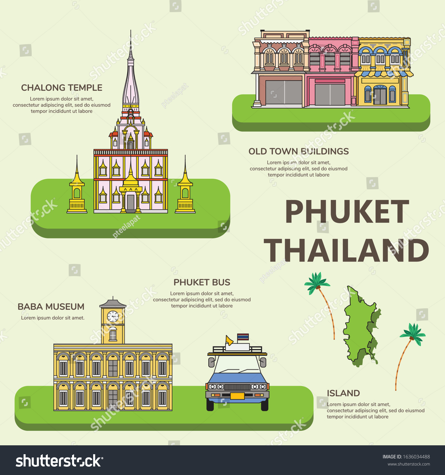 Phuket Thailand Old Town Icons - Royalty Free Stock Vector 1636034488 ...