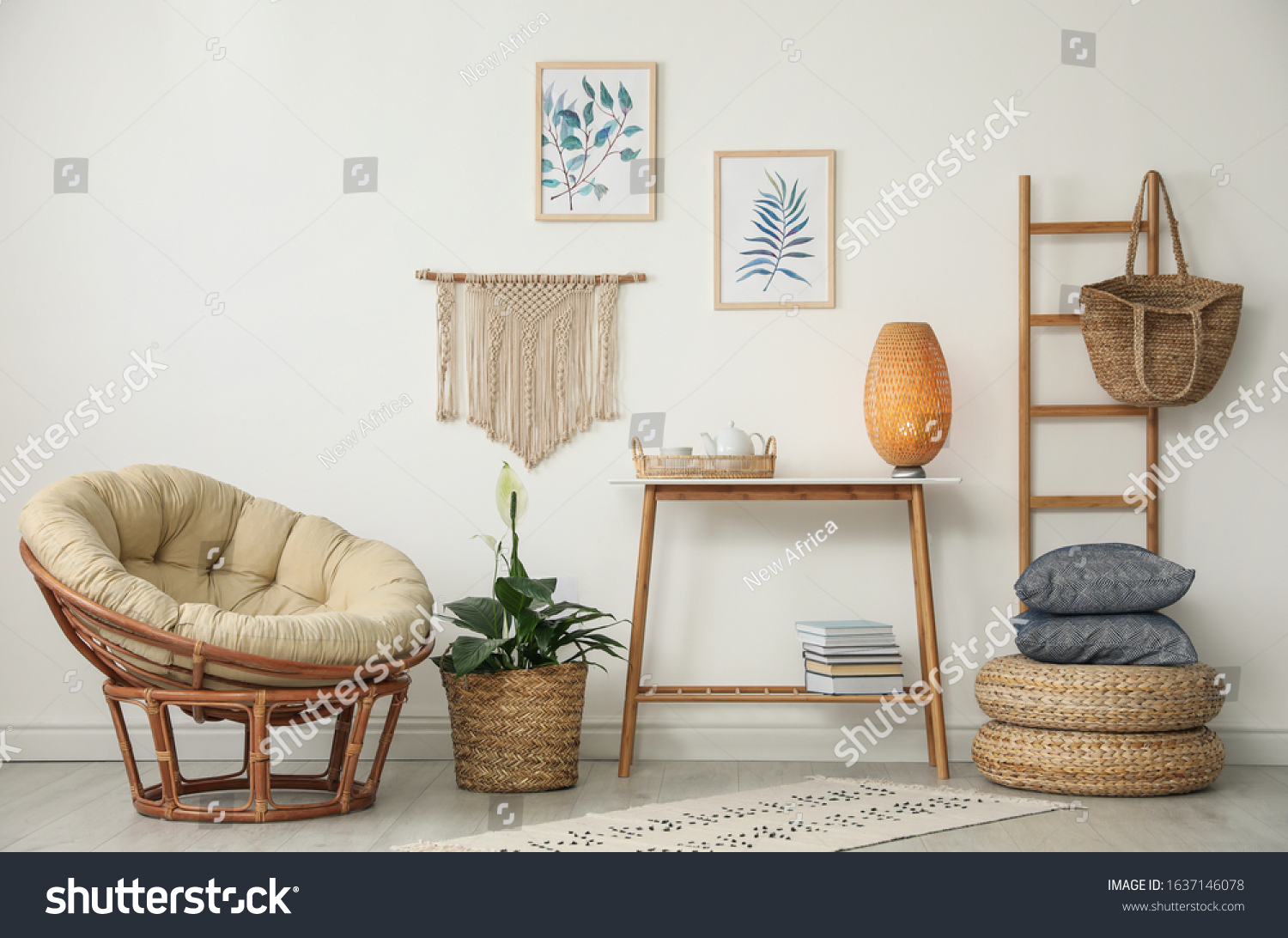 Living room interior design with comfortable papasan chair and wooden table #1637146078