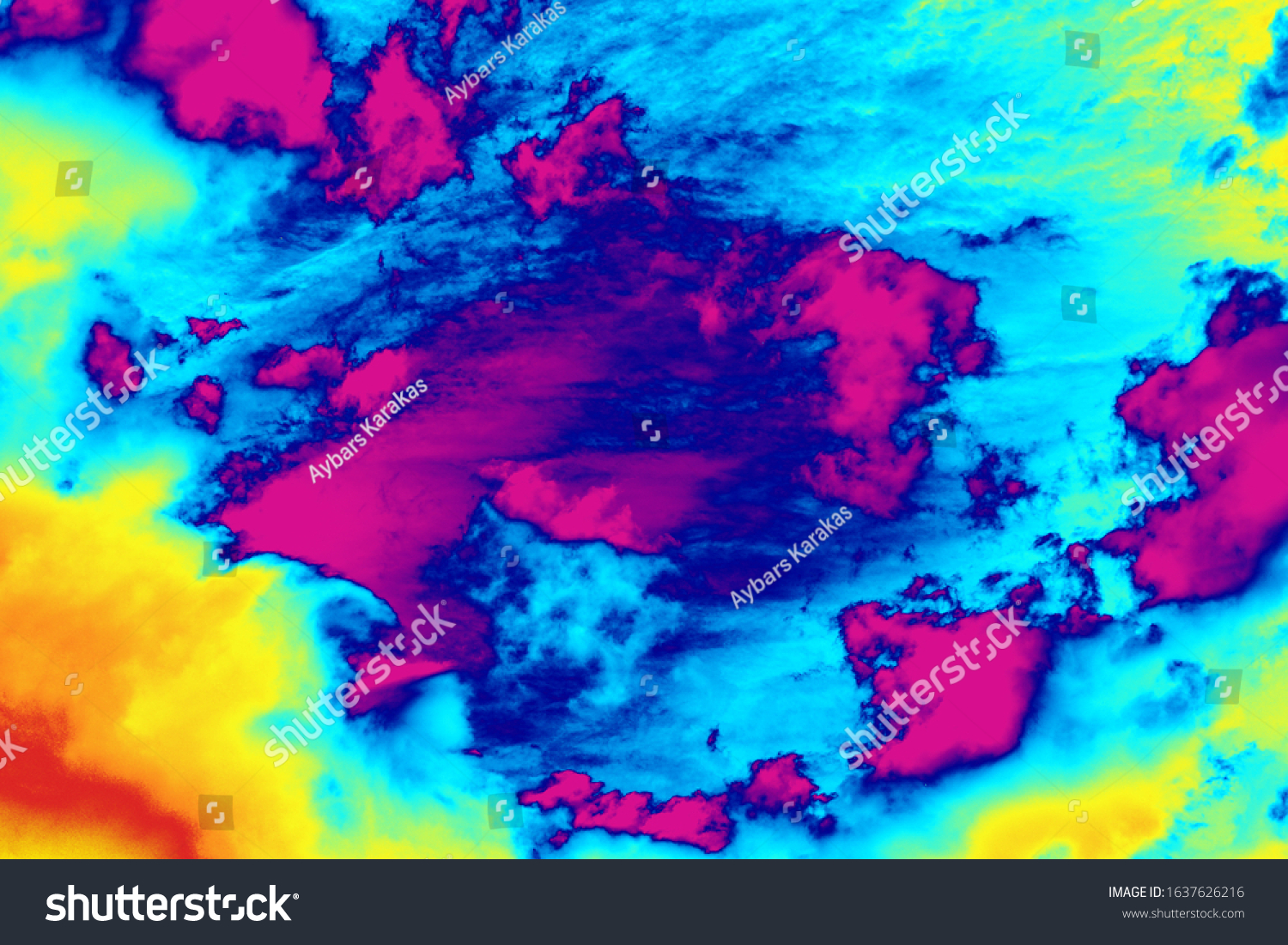 Conceptual rainbow colored background of thermal clouds weather report forecast thermal screen radar imaging #1637626216