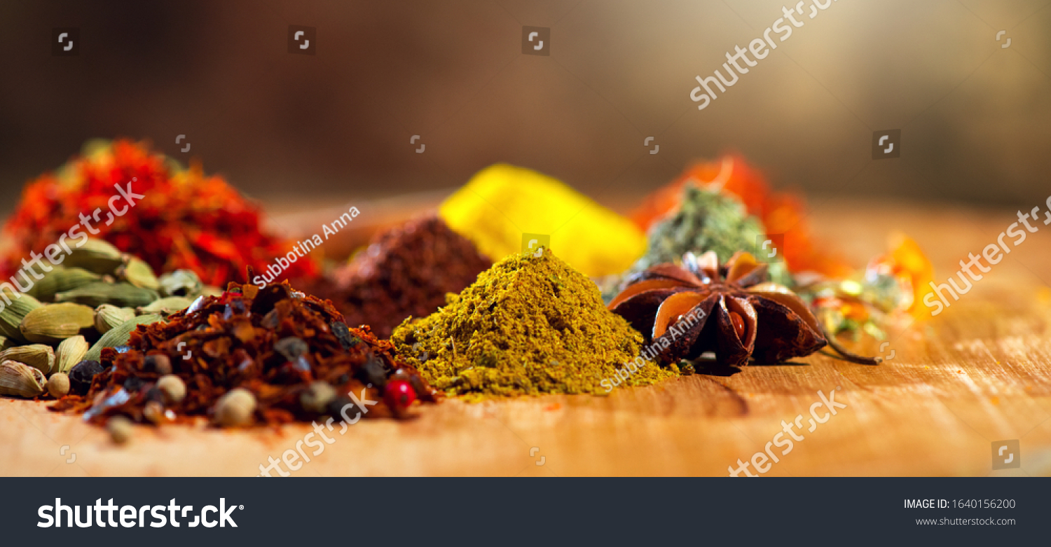 Spices. Various Indian Spices colorful background. Spice and herbs backdrop. Assortment of Seasonings, condiments. Cooking ingredients, flavor #1640156200