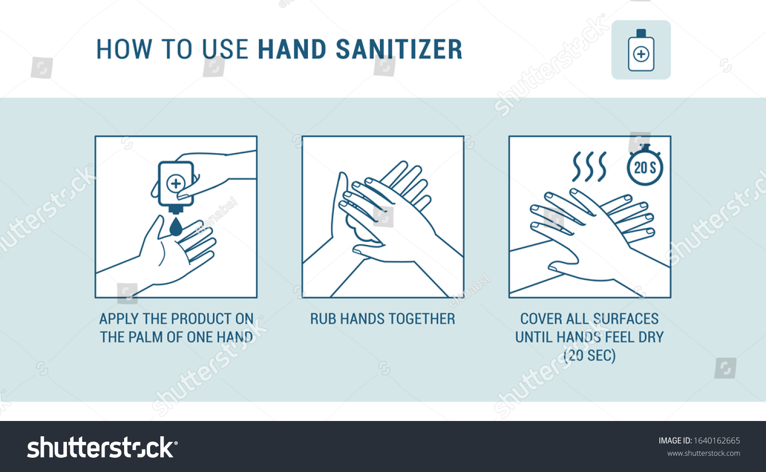 How to use hand sanitizer properly to clean and disinfect hands, medical infographic #1640162665