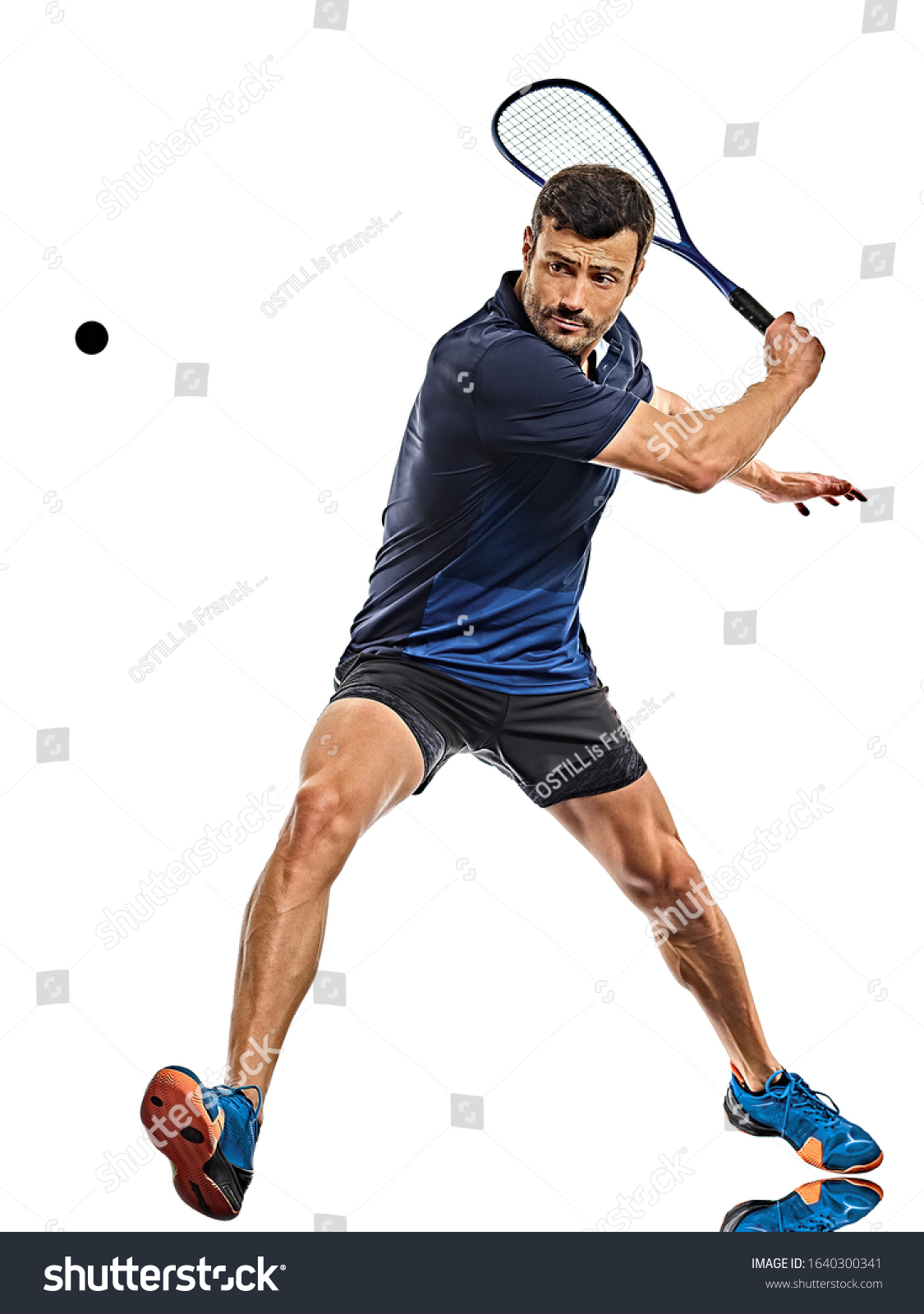 one caucasian mature man practicing squash player in studio isolated on white background #1640300341