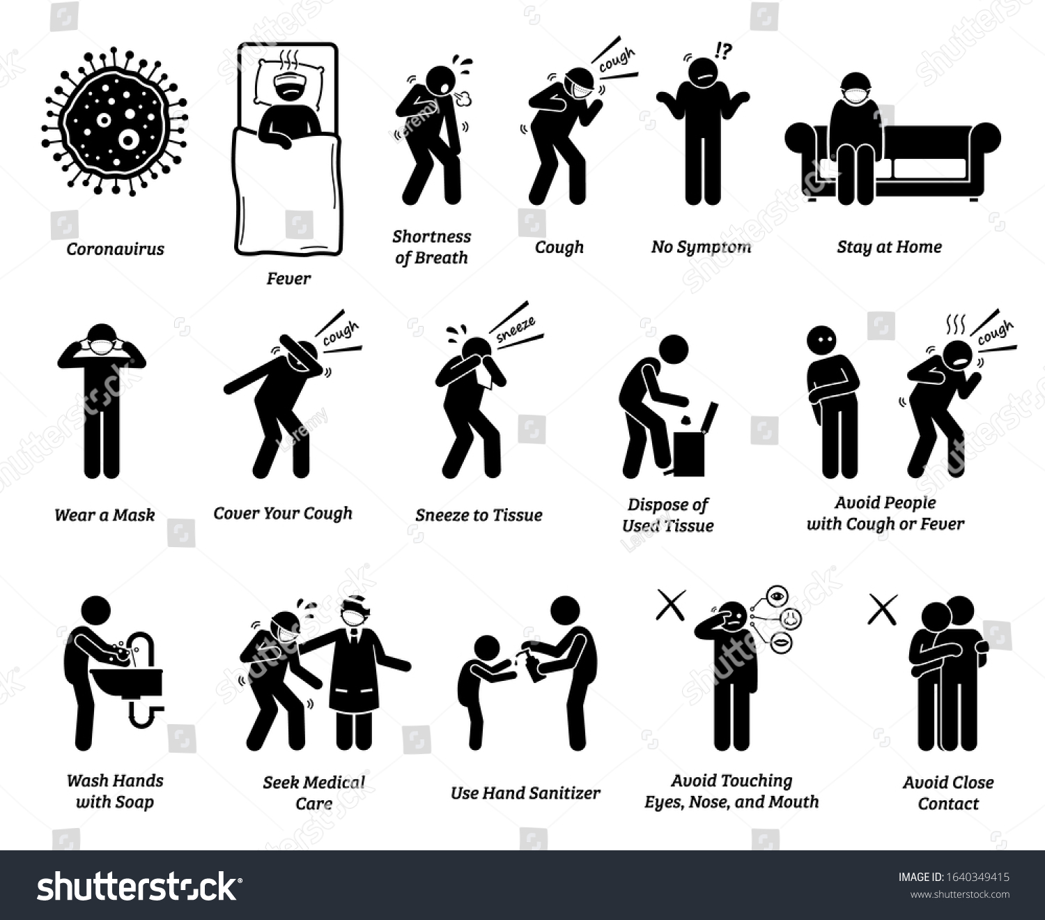 Sign symptoms of coronavirus Covid-19 prevention tips. Vector artwork of people infected with coronavirus, influenza, or flu. Precaution and prevention ways to stop the pandemic virus from spreading.  #1640349415