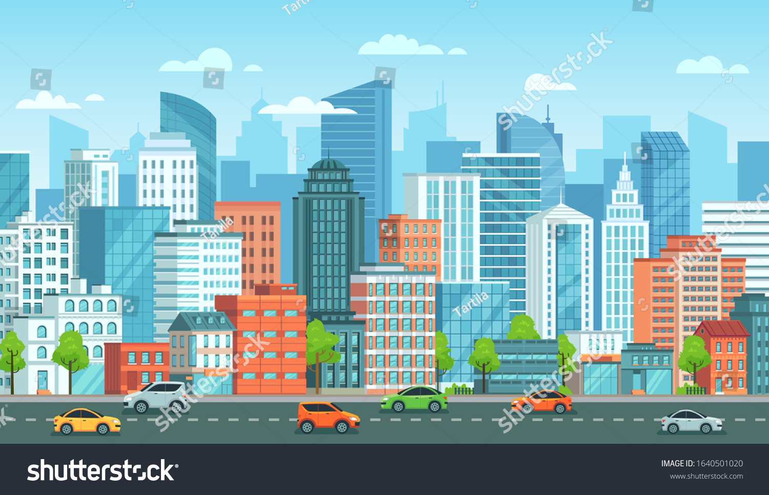 Cityscape with cars. City street with road, town buildings and urban car cartoon vector illustration. Panoramic view with automobiles riding against modern downtown skyscrapers on background. #1640501020