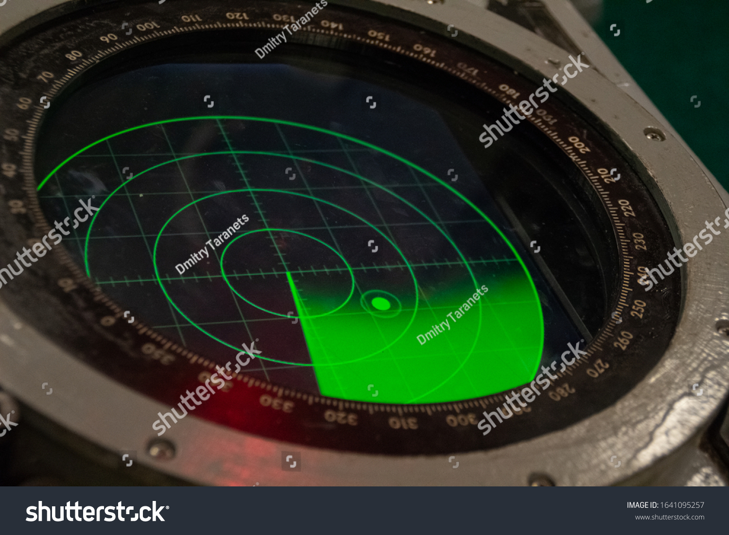 Green military radar screen with unknown target dot - Safety equipment. #1641095257
