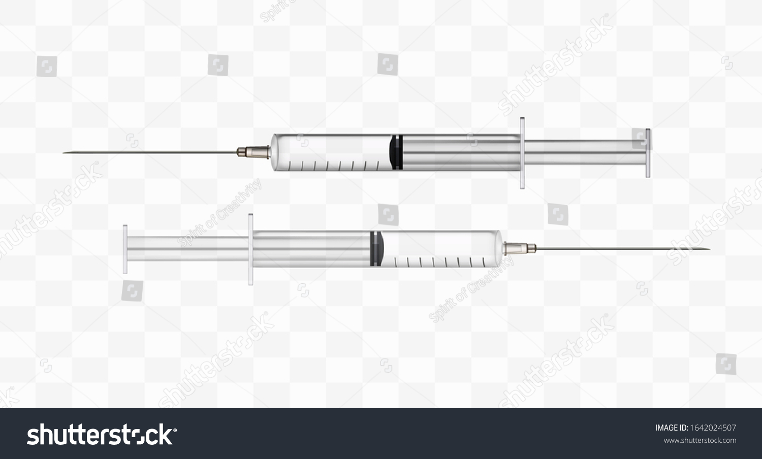 Syringe. Realistic. 3d. Vector stock illustration. Medical syringe on white background. Isolated. #1642024507