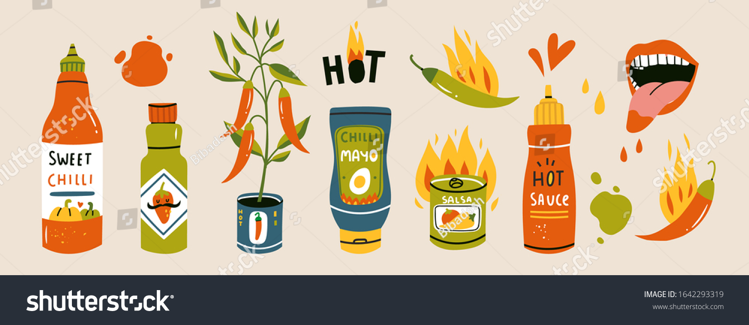 Big set of hot Chilli sauces. Red and green Hot Chili peppers. Various spicy dressings, mayo, salsa. Burning hot. Different bottles. Hand drawn colored vector illustration. All elements are isolated #1642293319