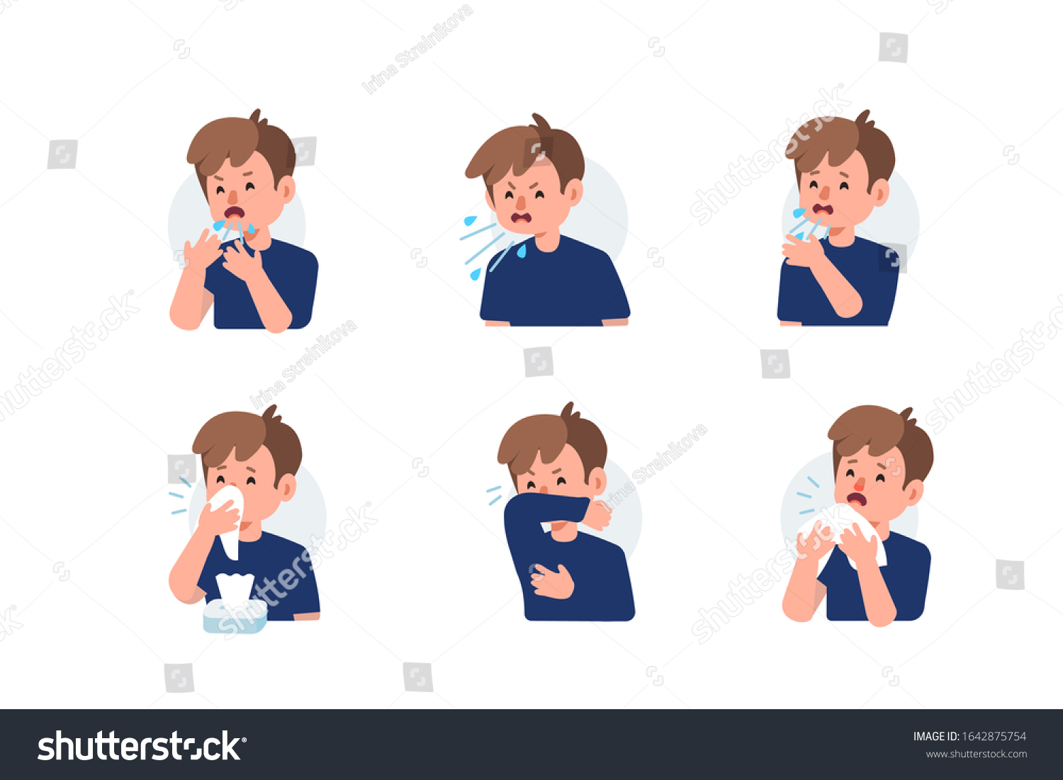 Kid Character Sneezing and Coughing Right and Wrong. Medical Recommendation How to Sneeze Properly. Prevention against Virus and Infection. Hygiene Concept.  Flat Cartoon Vector Illustration. #1642875754