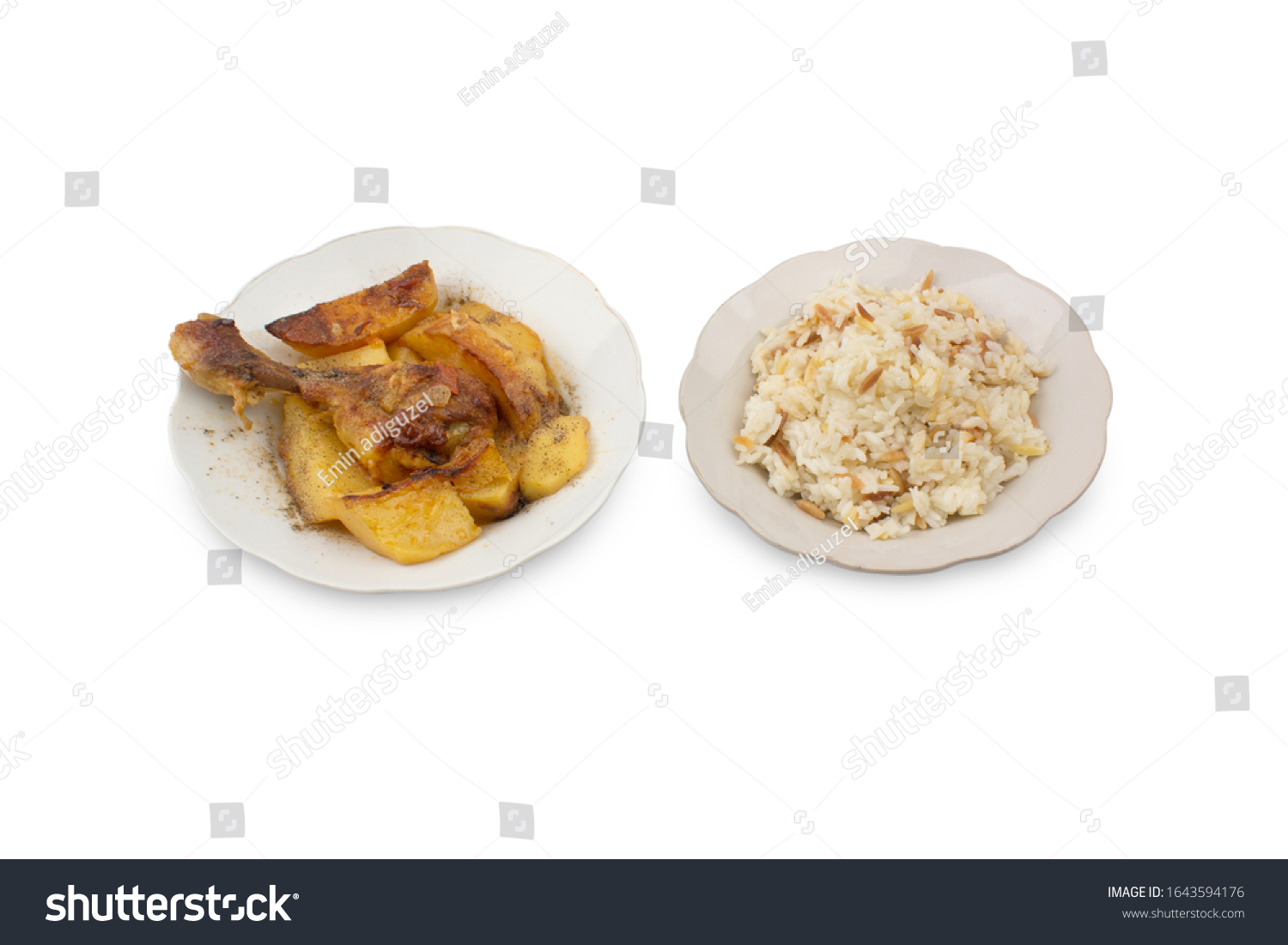 Rice and chicken dish. Chicken dish with potatoes. Rice dish. Turkish foods. In two separate porcelain dishes. Shooting isolated on white background. Studio shoot. #1643594176