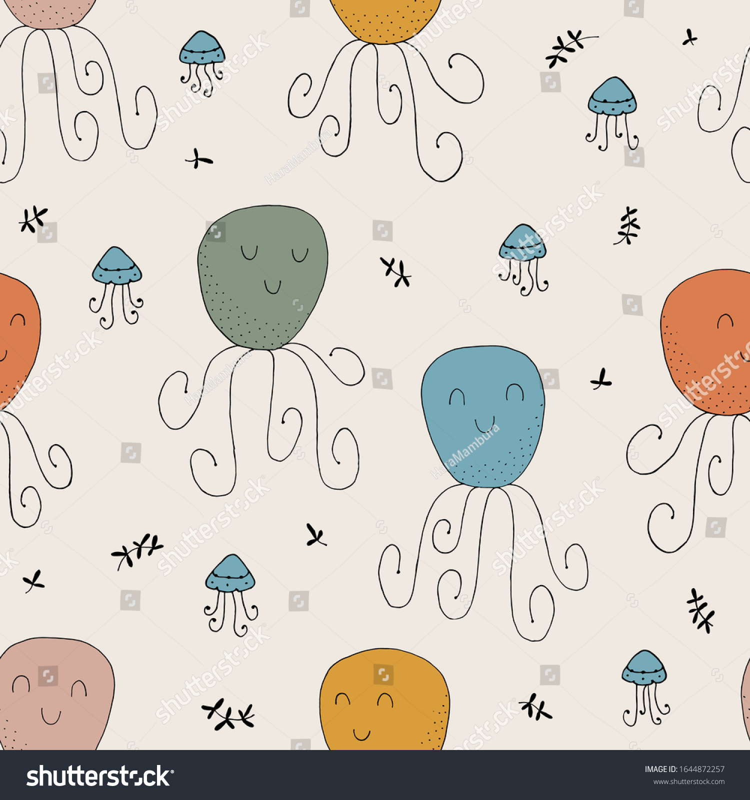 Seamless Texture With Octopuses And Hand Drawn Royalty Free Stock Vector 1644872257